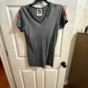 Gray V-Neck T-Shirt with Red Accents